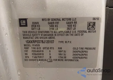 2011 GMC Acadia Sle из США, поврежденный, VIN 1GKKRPED7BJ120107